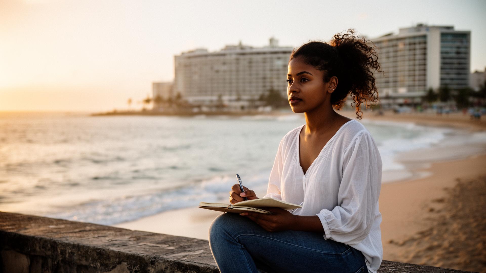 Students walking on the João Pessoa seafront at golden hour